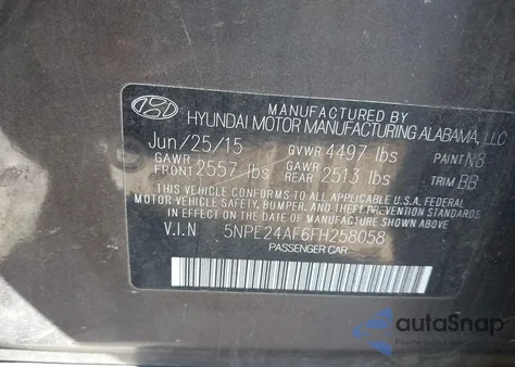 2015 Hyundai Sonata Se из США, поврежденный, VIN 5NPE24AF6FH258058